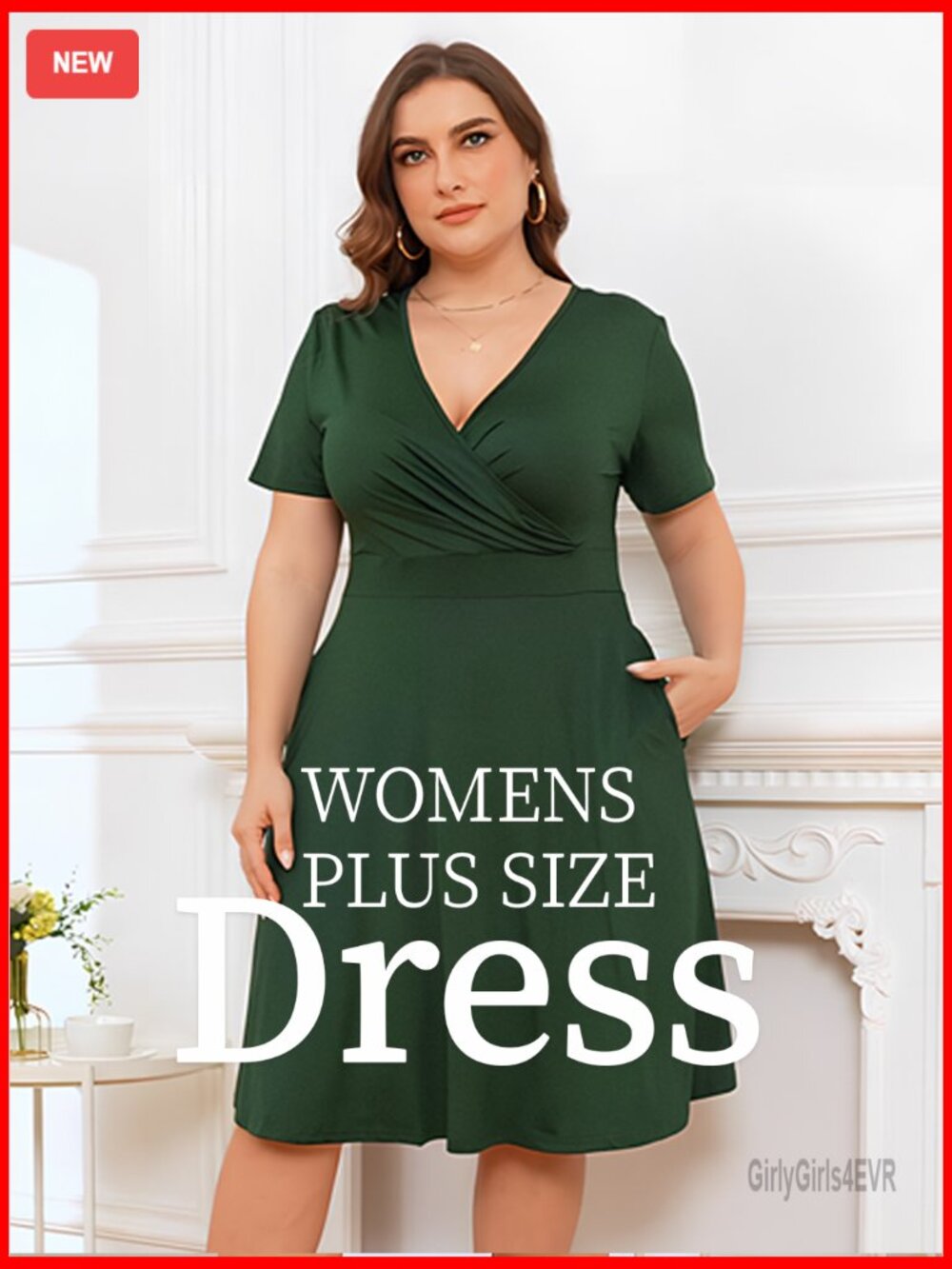Plus Size Short Sleeve Wrap V-Neck Midi Dress with Pockets - Picture 6 of 7